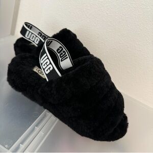 UGG Black Fluffy Slides with Logo Strap